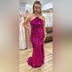 Bariano Calista Arrow Neck Gown pink Sequin